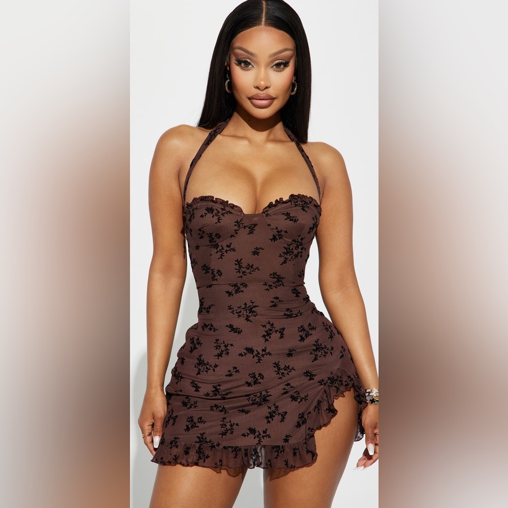 SOLD Brown Floral Halter Dress